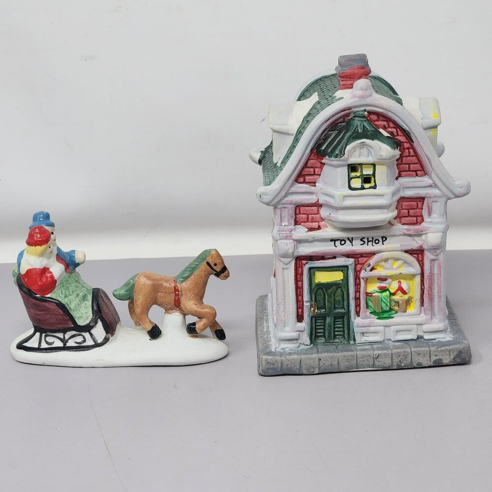 Vintage Christmas Village Toy Shop‎ & Santa Sleigh Figurines Holiday